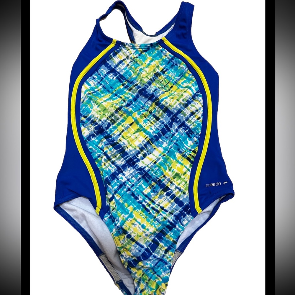 Speedo Girls one piece Swimsuit Blue/Yellow Racerback size 10